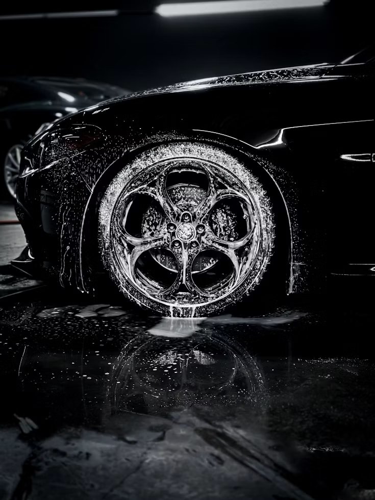 Car wheel covered in wash suds